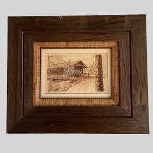 Vintage Signed Art Stone Mountain Covered Bridge 1980 Framed Wood